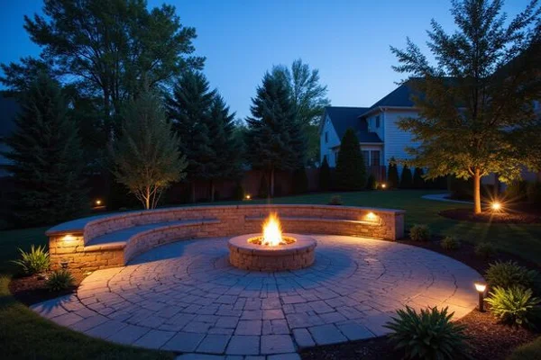 Completed paver patio with fire pit in a Hartford County backyard