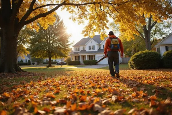 Connecticut yard with fall leaves being cleared by landscaping crew