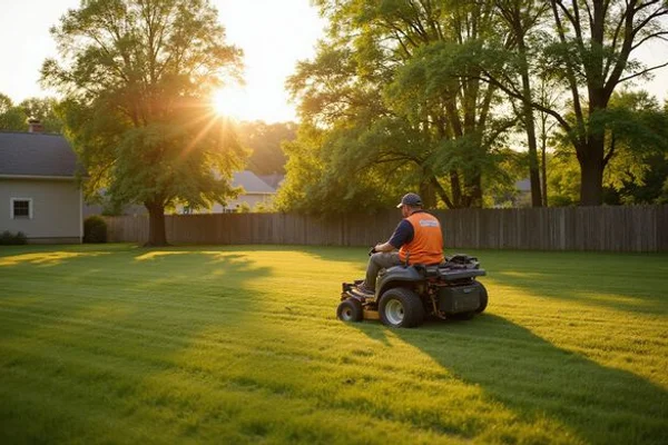 Crew member mowing a residential lawn in Hartford County, CT
