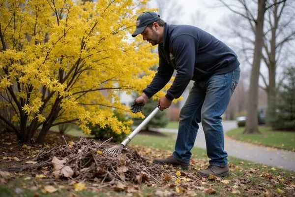 Landscaping crew raking spring debris from a Newington yard